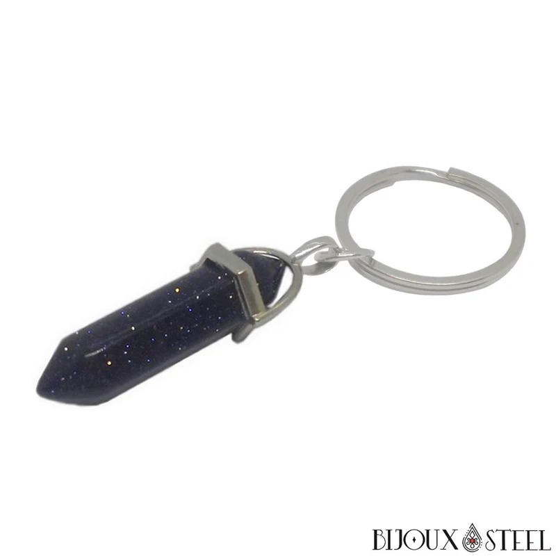 Porte-clés hexagonal à pointe de goldstone bleue en verre