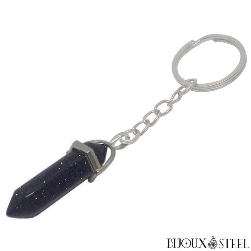 Porte-clés hexagonal à pointe de goldstone bleue en verre