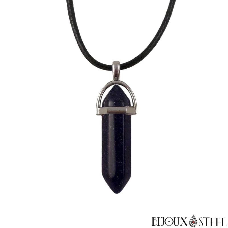 Collier à pendentif hexagonal en goldstone bleue en verre