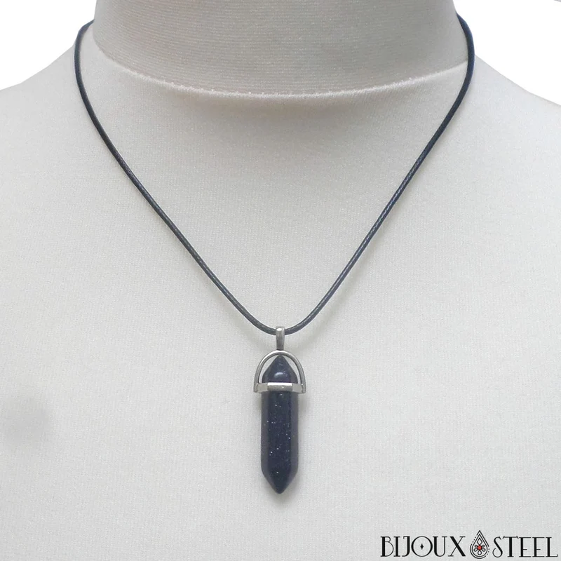 Collier à pendentif hexagonal en goldstone bleue en verre