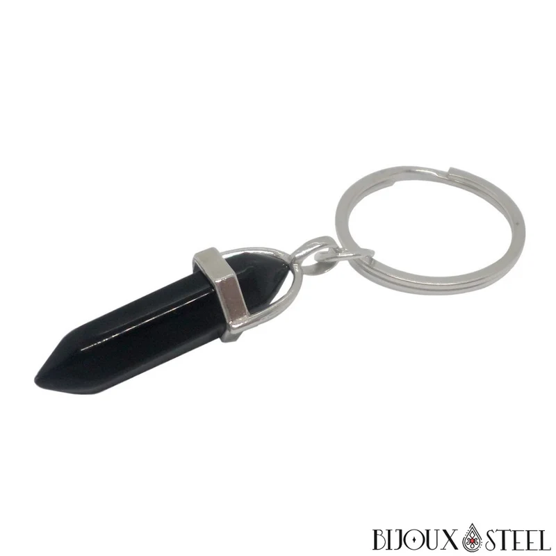 Porte-clés hexagonal à pointe en pierre d'obsidienne noire