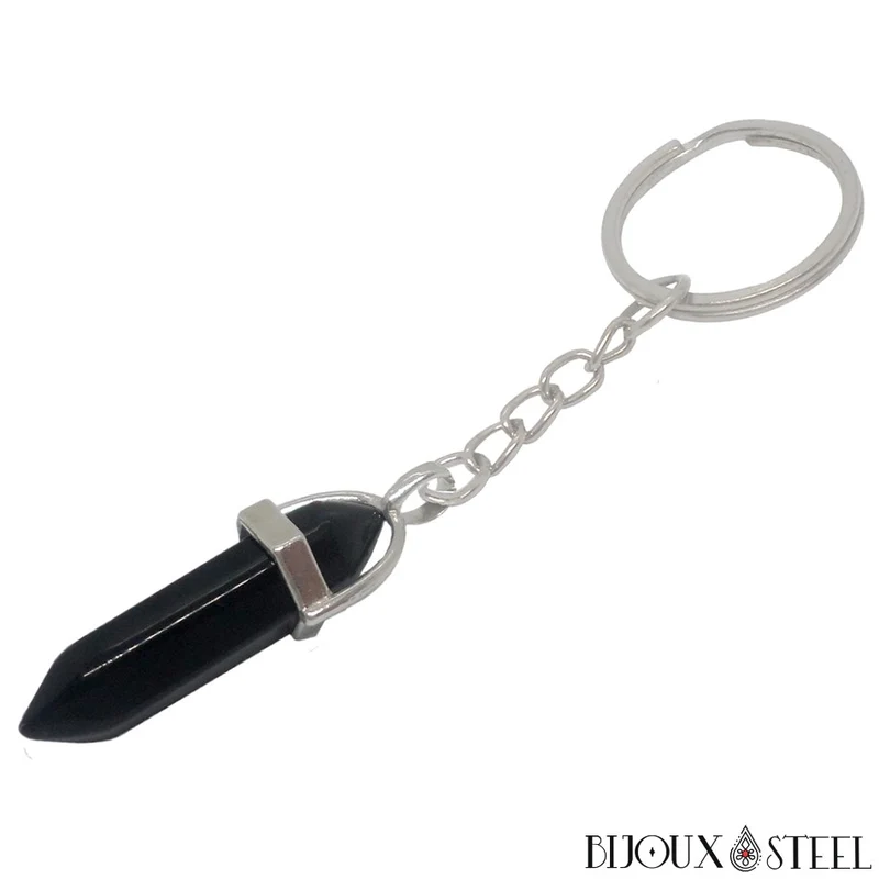 Porte-clés hexagonal à pointe en pierre d'obsidienne noire