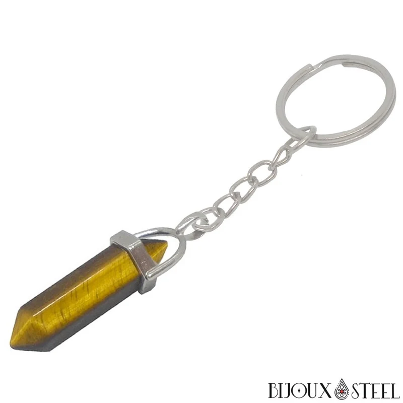 Porte-clés hexagonal à pointe en pierre d'oeil de tigre