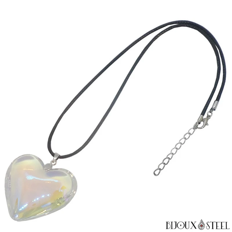 Collier à pendentif cœur blanc cristal translucide en verre