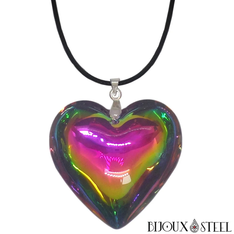 Collier à pendentif cœur glamour multicolore en verre