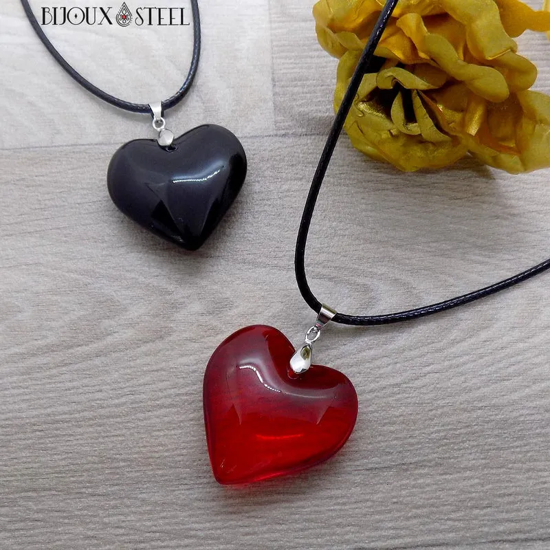 Collier à pendentif cœur rouge en verre