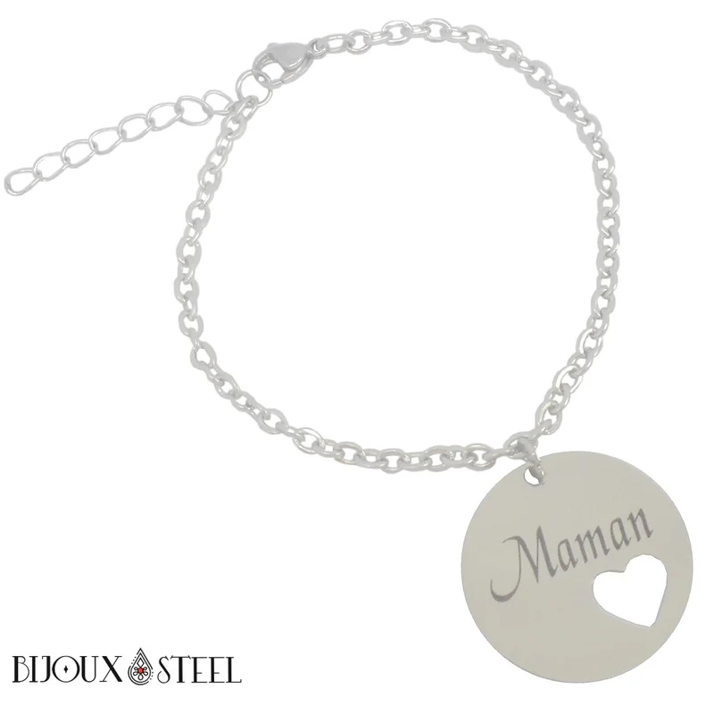 Bracelet argenté médaille maman je t'aime en acier inoxydable