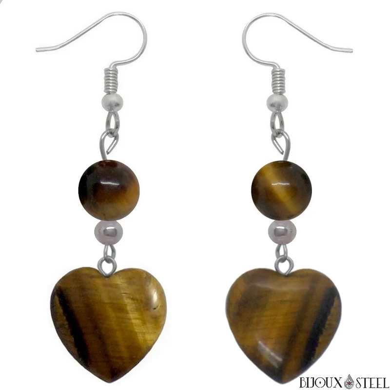 Boucles d'oreilles pendantes perles et cœurs d'oeil de tigre