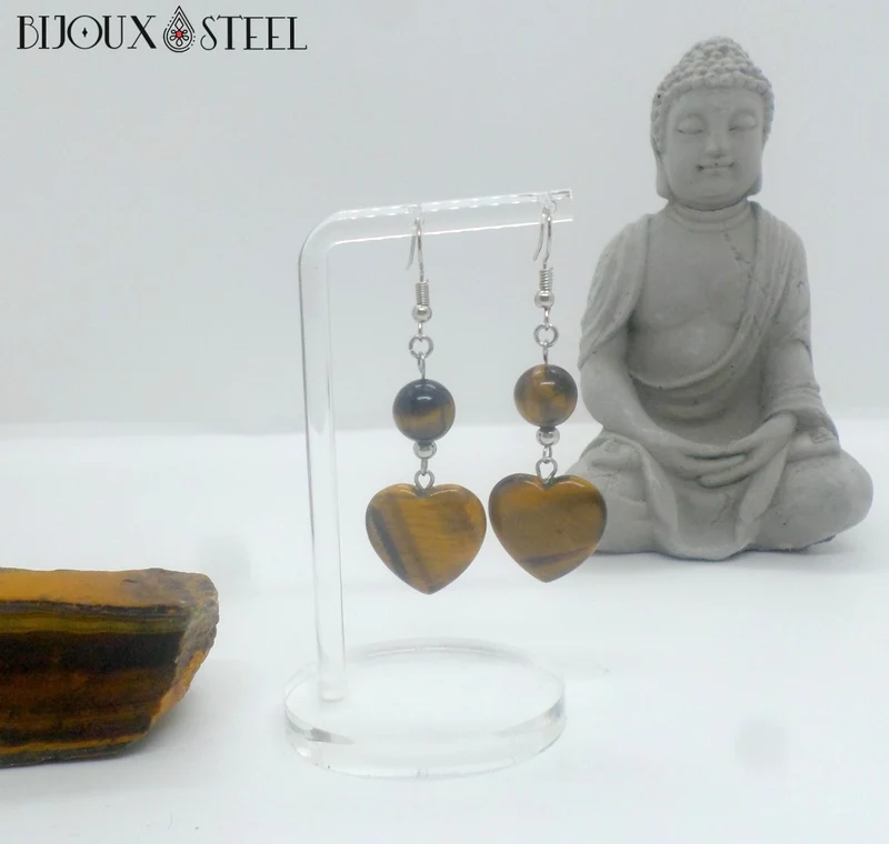 Boucles d'oreilles pendantes perles et cœurs d'oeil de tigre