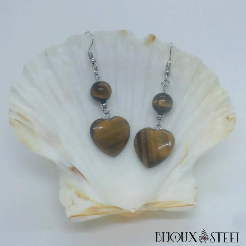 Boucles d'oreilles pendantes perles et cœurs d'oeil de tigre