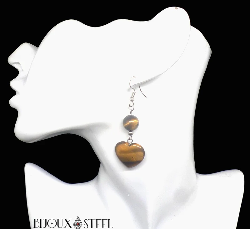 Boucles d'oreilles pendantes perles et cœurs d'oeil de tigre