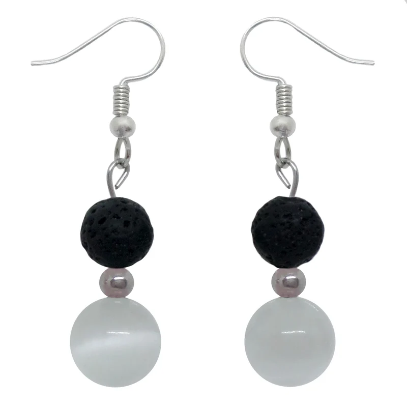 Boucles d'oreilles pendantes doubles perles en pierre de lave et oeil de chat blanc