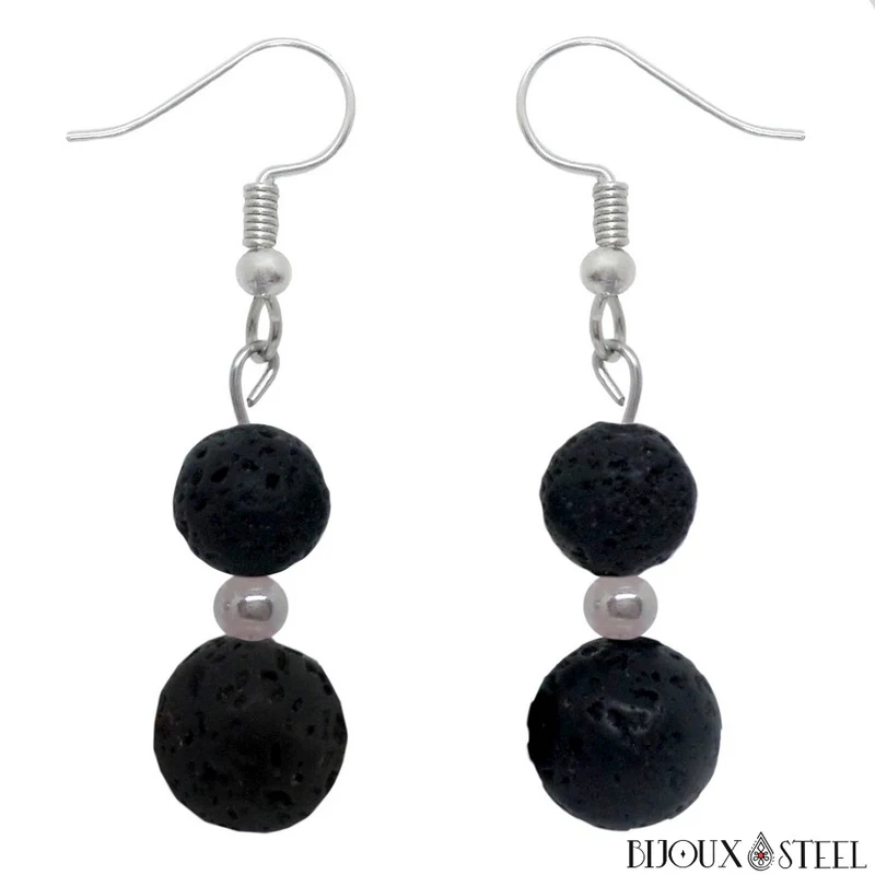 Boucles d'oreilles pendantes doubles perles de pierre de lave
