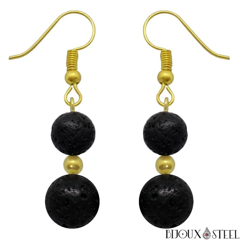 Boucles d'oreilles pendantes doubles perles de pierre de lave