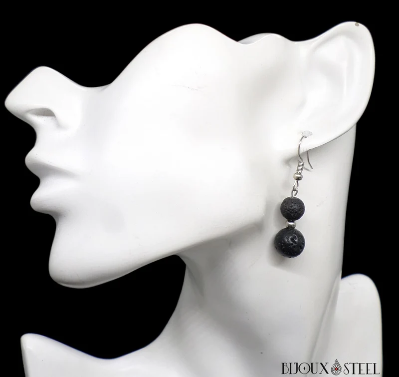 Boucles d'oreilles pendantes doubles perles de pierre de lave