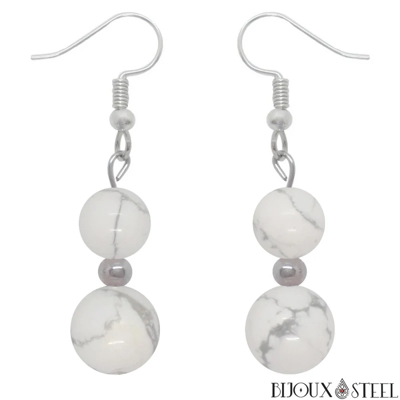 Boucles d'oreilles pendantes doubles perles d'howlite