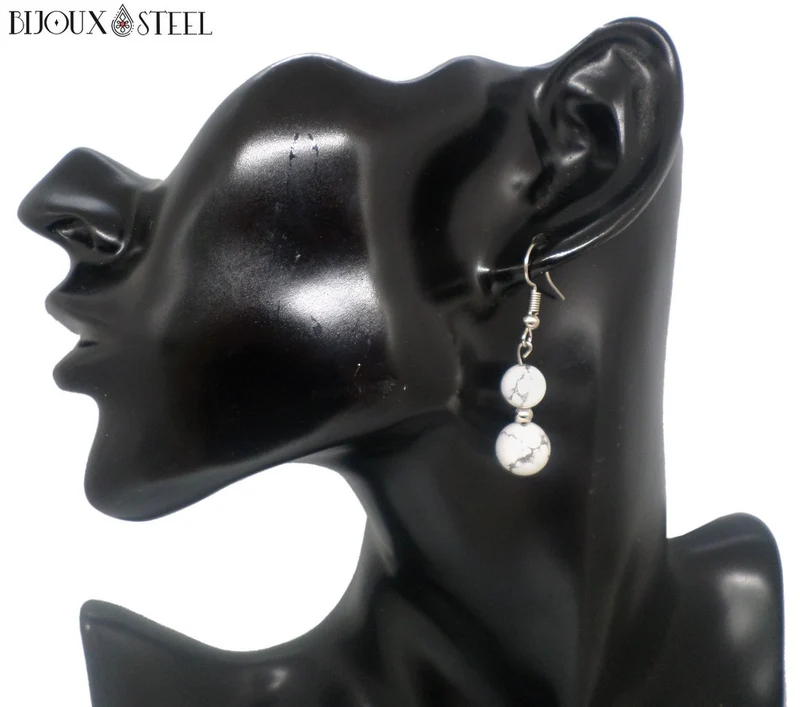 Boucles d'oreilles pendantes doubles perles d'howlite