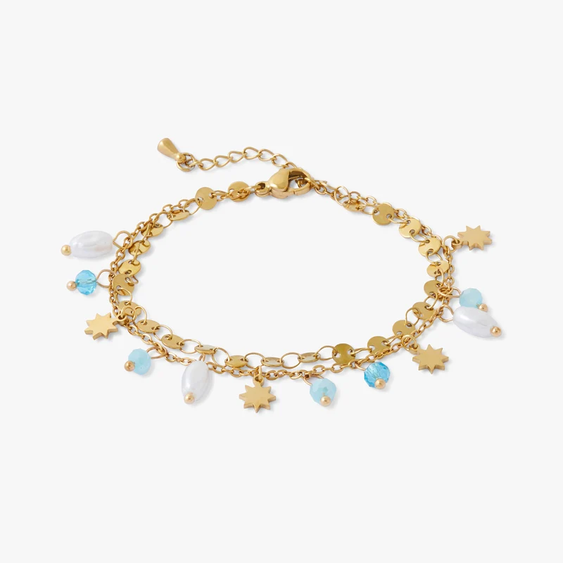 Bracelet 2 rangs perles facettées et soleils Acier