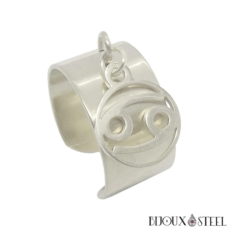 Bague large ajustable à pendentif signe astrologique cancer en acier inoxydable
