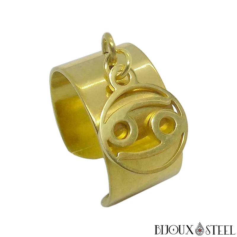 Bague large ajustable à pendentif signe astrologique cancer en acier inoxydable
