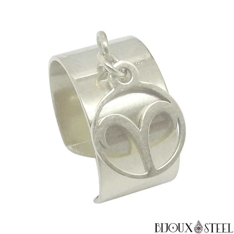 Bague large ajustable à pendentif signe astrologique bélier en acier inoxydable