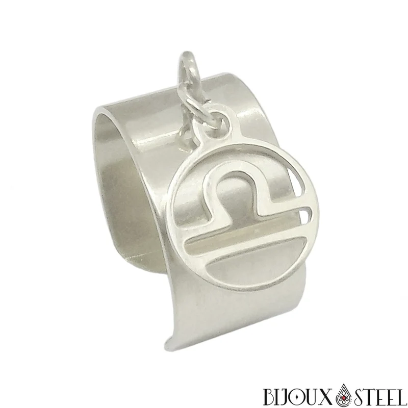 Bague large ajustable à pendentif signe astrologique balance en acier inoxydable