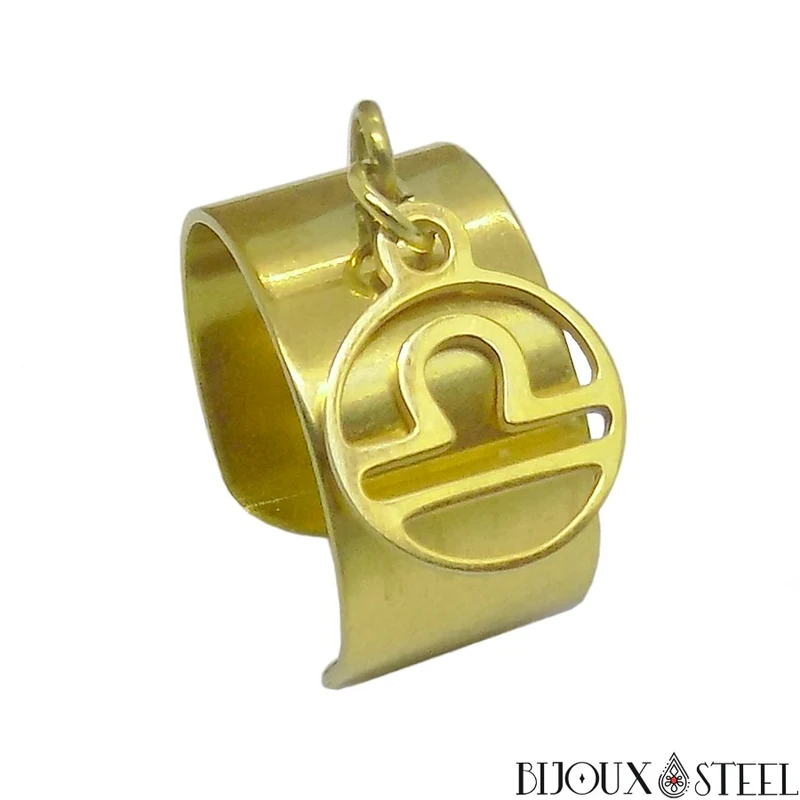 Bague large ajustable à pendentif signe astrologique balance en acier inoxydable