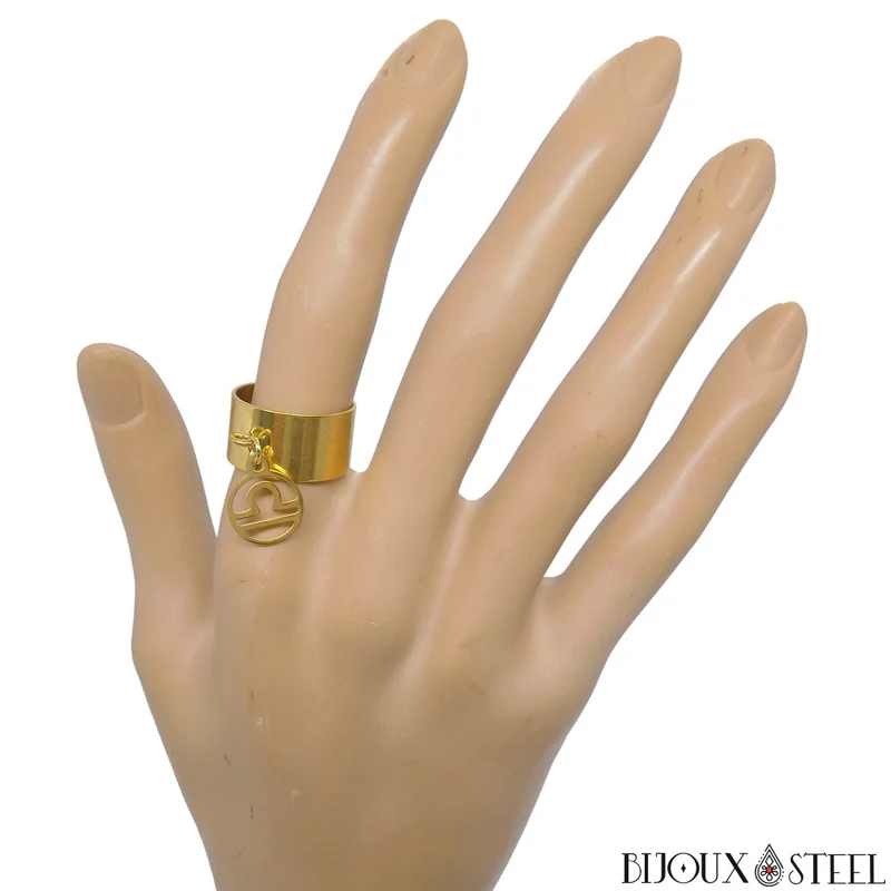 Bague large ajustable à pendentif signe astrologique balance en acier inoxydable