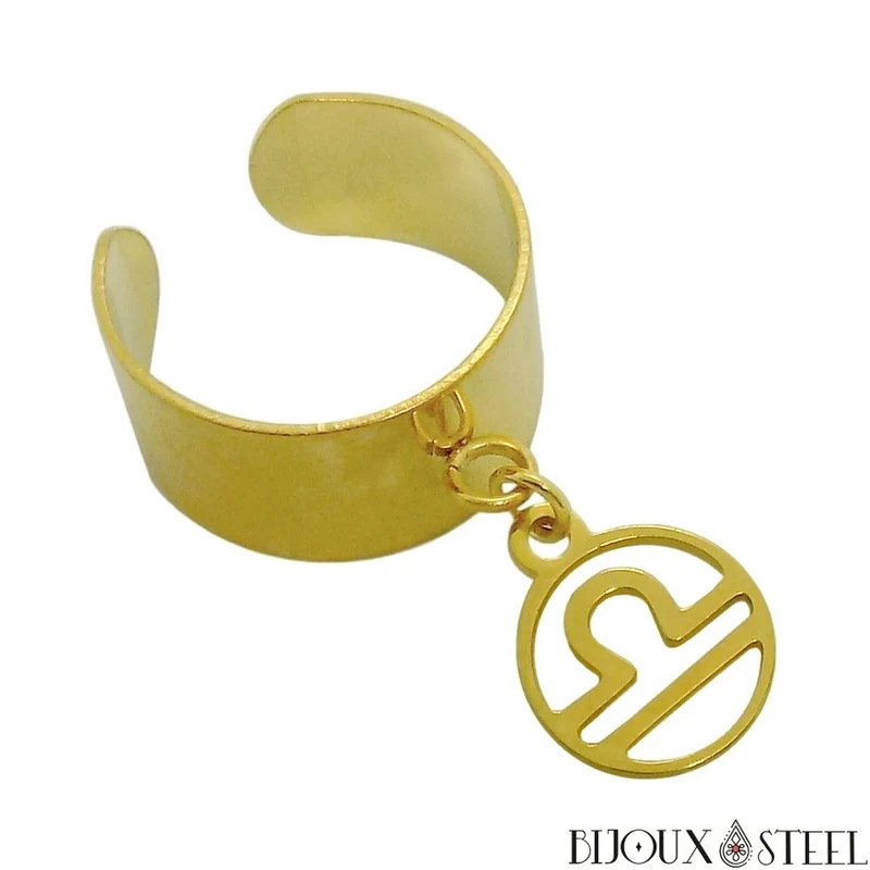 Bague large pampille ajustable dorée à pendentif signe astrologique en acier inoxydable
