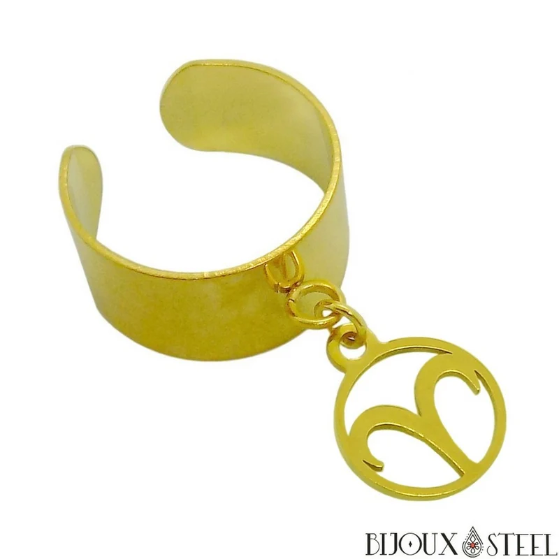 Bague large pampille ajustable dorée à pendentif signe astrologique en acier inoxydable