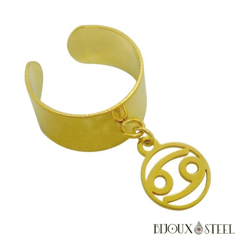 Bague large pampille ajustable dorée à pendentif signe astrologique en acier inoxydable