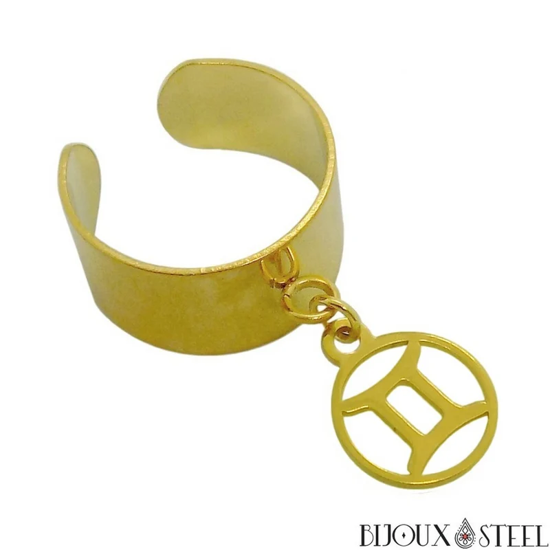 Bague large pampille ajustable dorée à pendentif signe astrologique en acier inoxydable