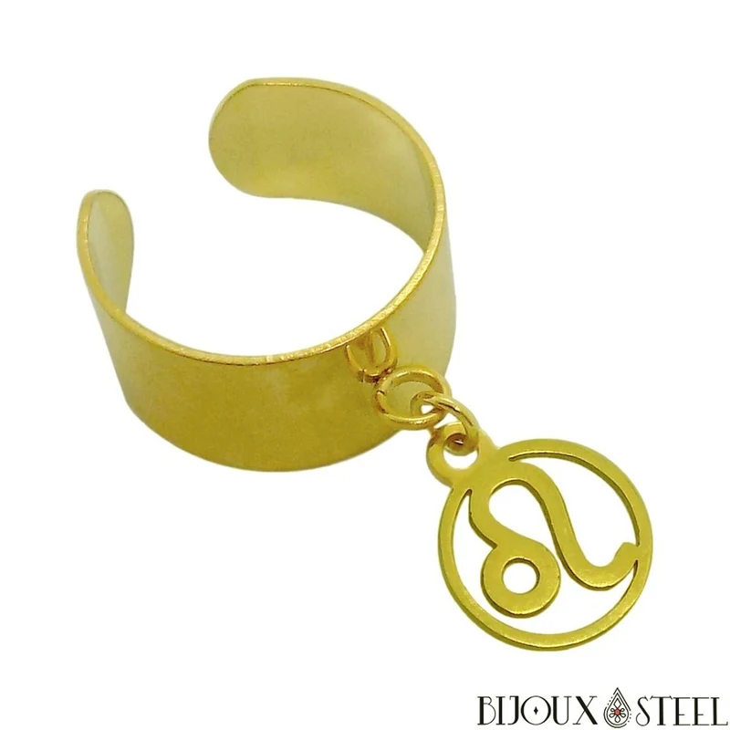 Bague large pampille ajustable dorée à pendentif signe astrologique en acier inoxydable