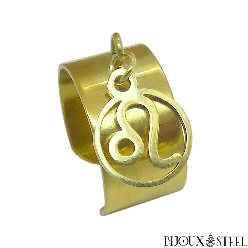 Bague large pampille ajustable dorée à pendentif signe astrologique en acier inoxydable