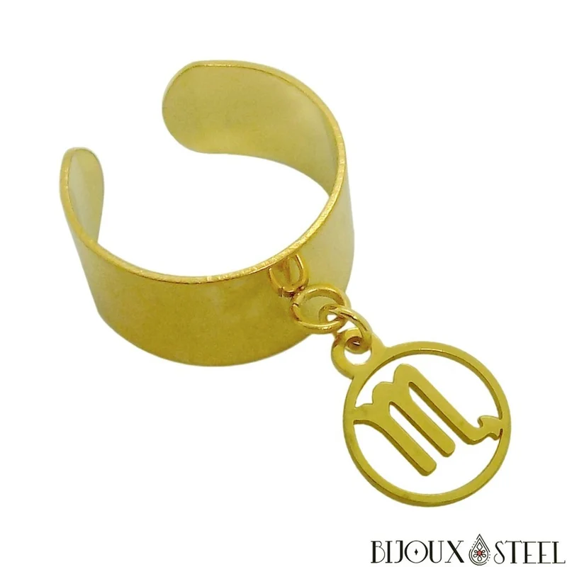 Bague large pampille ajustable dorée à pendentif signe astrologique en acier inoxydable