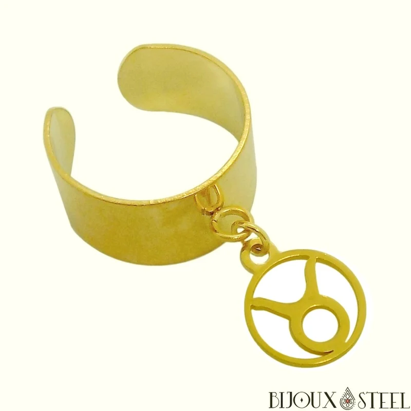Bague large pampille ajustable dorée à pendentif signe astrologique en acier inoxydable