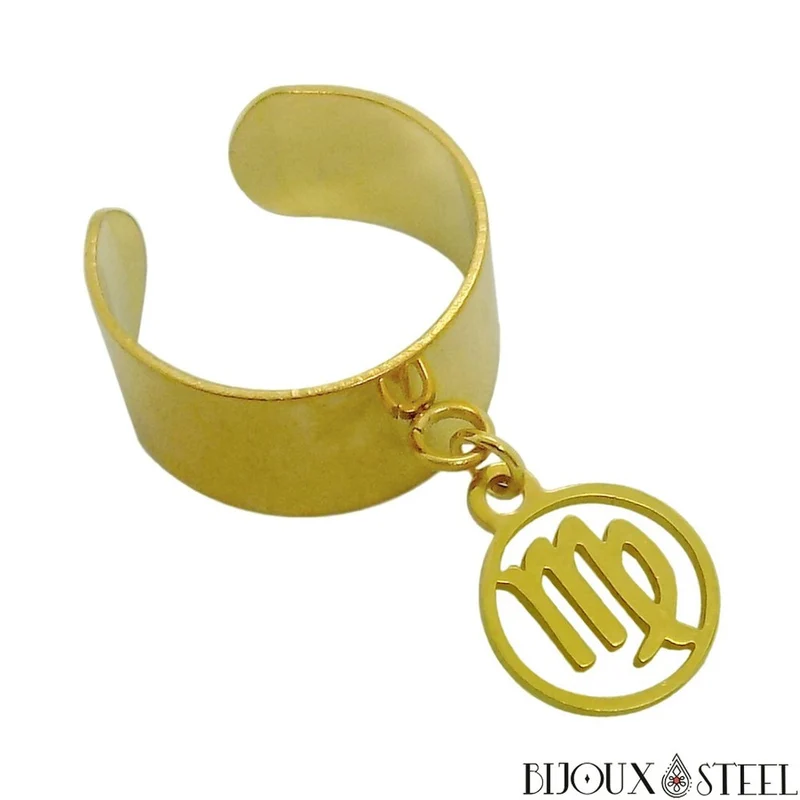 Bague large pampille ajustable dorée à pendentif signe astrologique en acier inoxydable