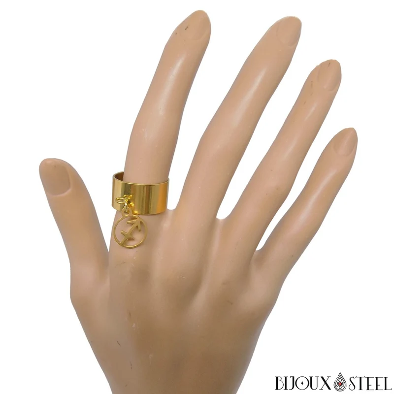 Bague large pampille ajustable dorée à pendentif signe astrologique en acier inoxydable