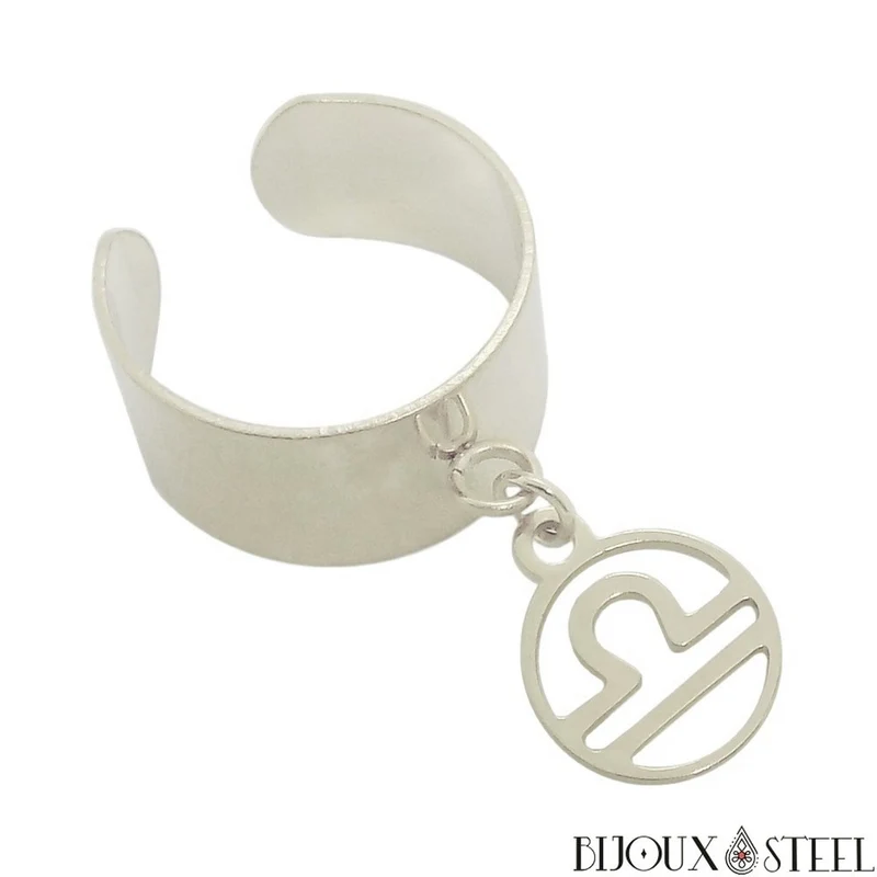 Bague large pampille ajustable argentée à pendentif signe astrologique en acier inoxydable
