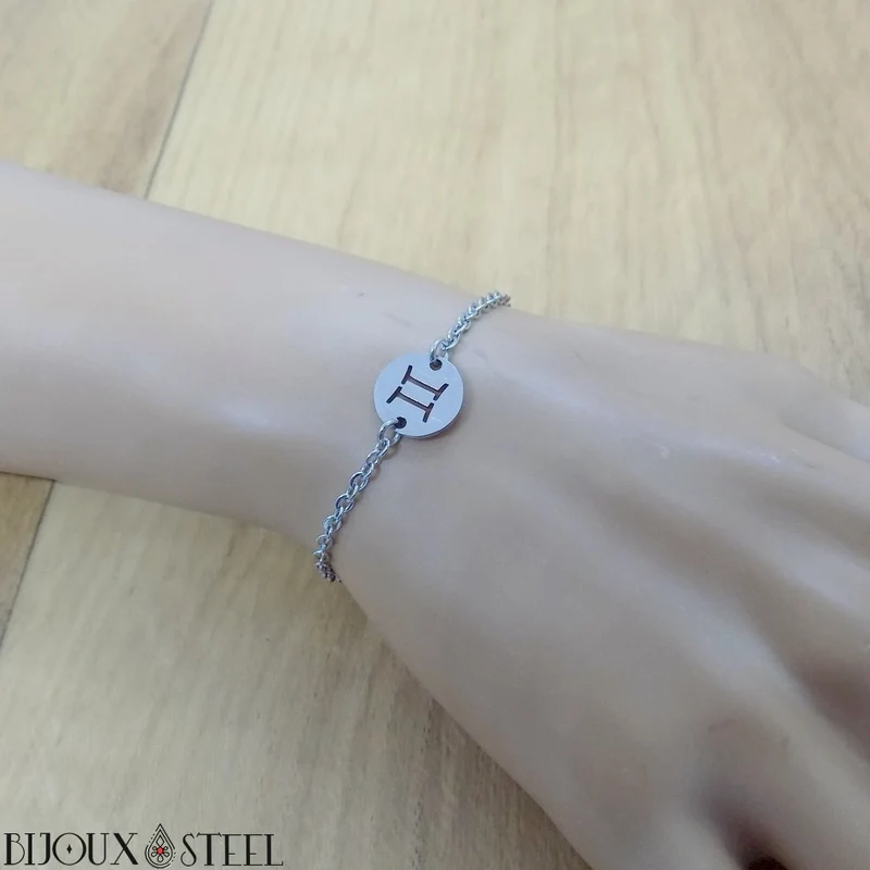 Bracelet signe astrologique gémeaux en acier inoxydable