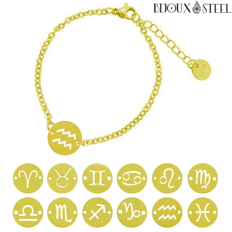 Bracelet doré à signe astrologique en acier inoxydable