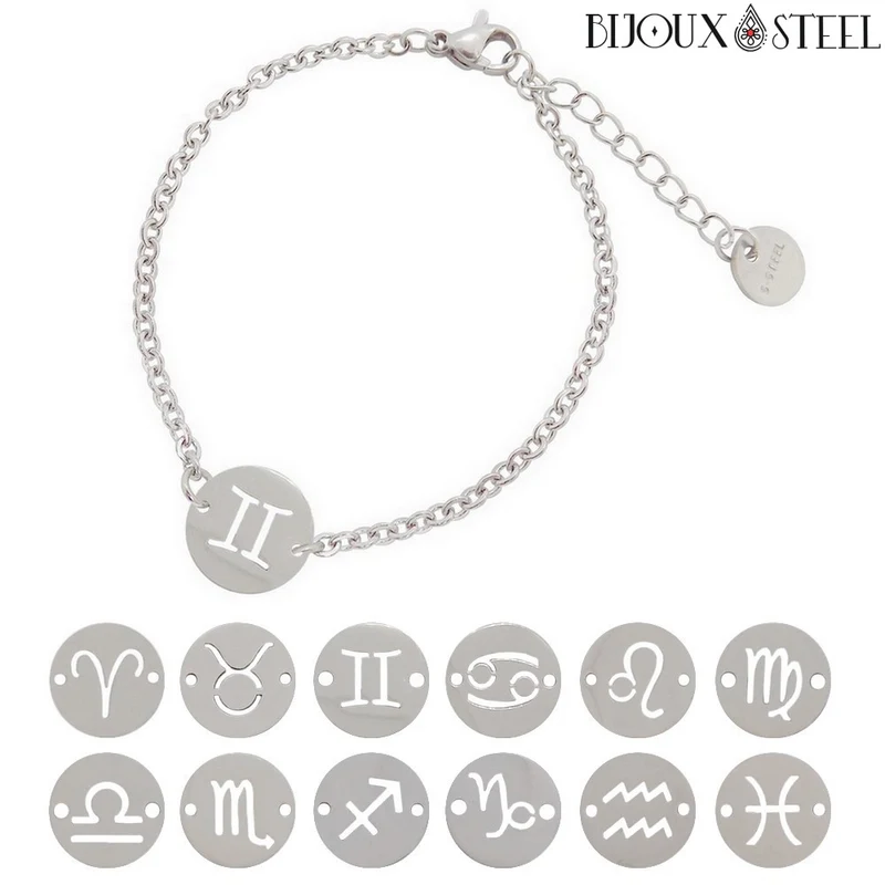 Bracelet argenté à signe astrologique en acier inoxydable