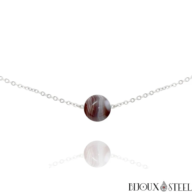 Collier à perle d'agate du Botswana en acier inoxydable