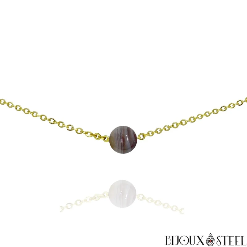 Collier à perle d'agate du Botswana en acier inoxydable