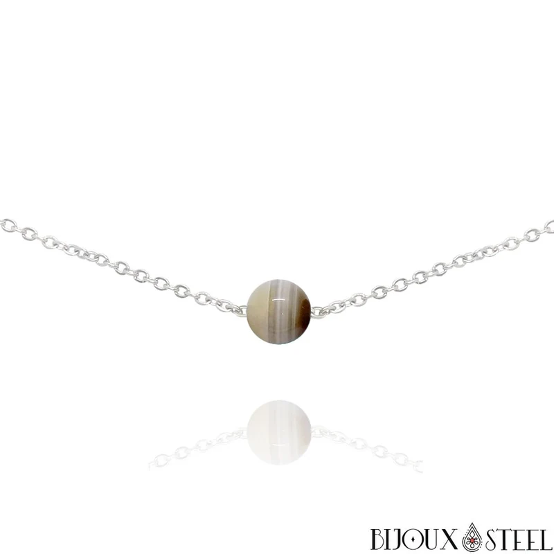 Collier à perle d'agate du Botswana en acier inoxydable
