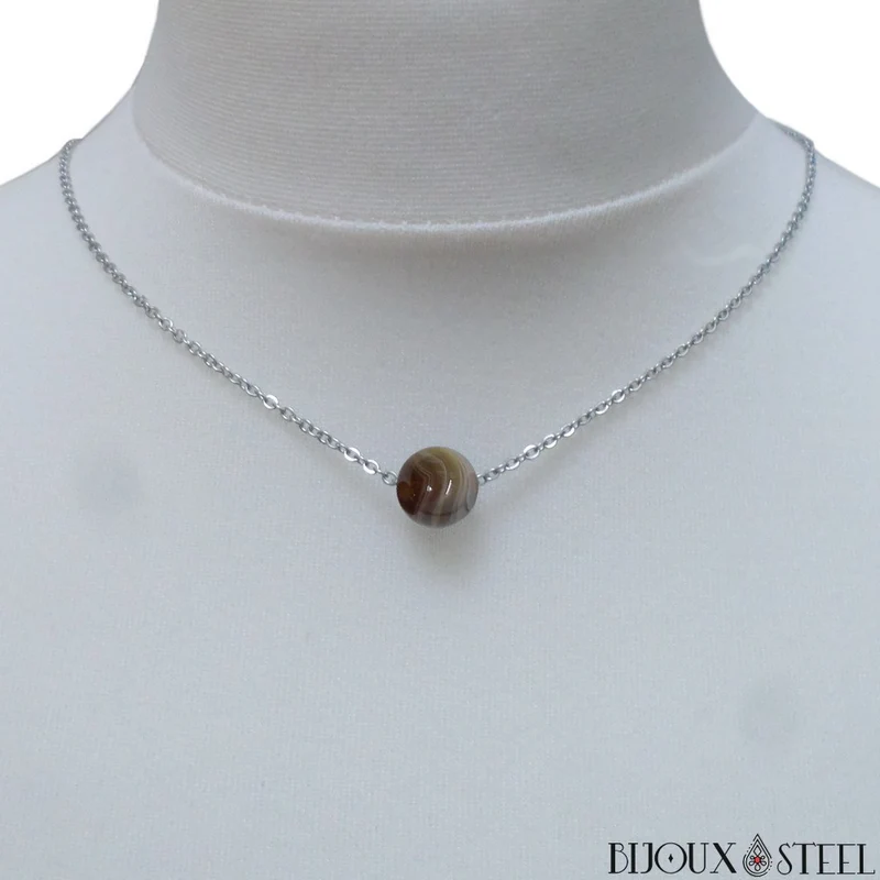 Collier à perle d'agate du Botswana en acier inoxydable