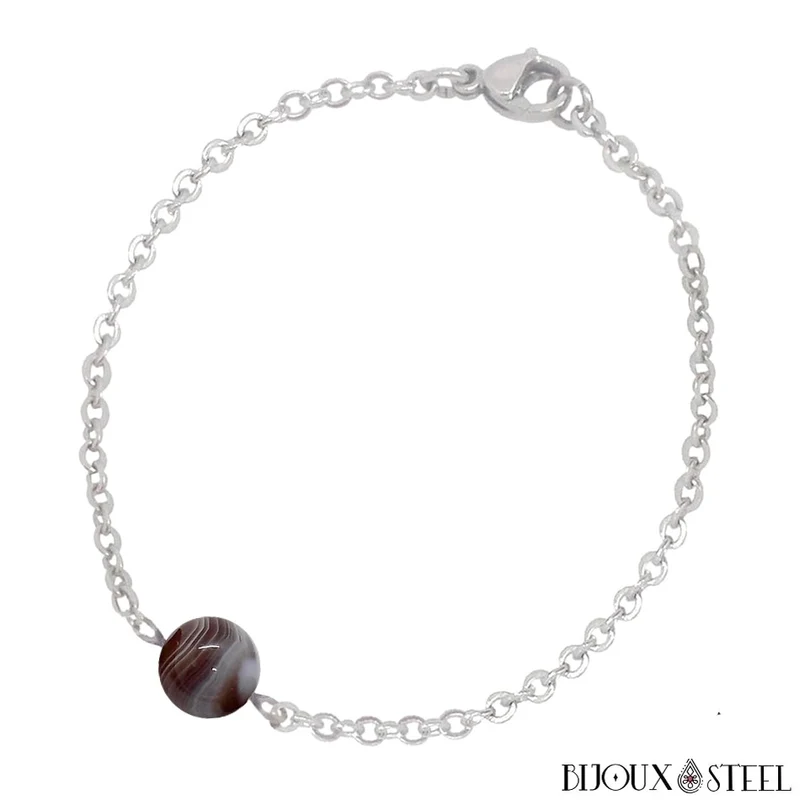 Bracelet à perle d'agate du Botswana en acier inoxydable