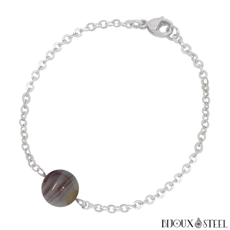 Bracelet à perle d'agate du Botswana en acier inoxydable