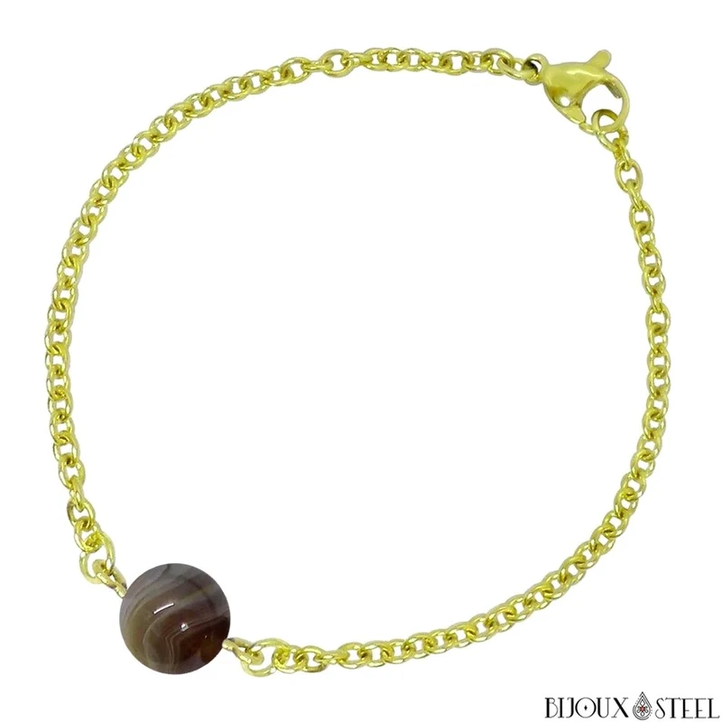Bracelet à perle d'agate du Botswana en acier inoxydable