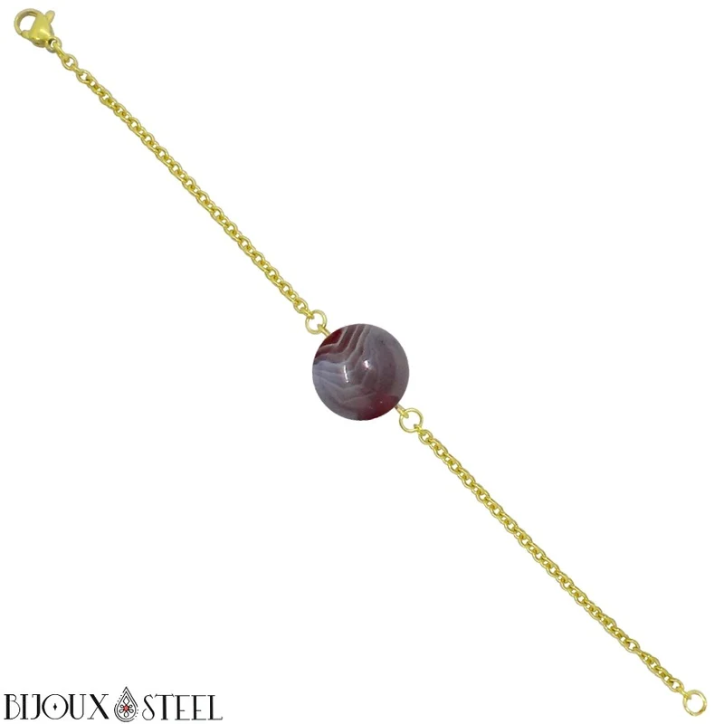 Bracelet à perle d'agate du Botswana en acier inoxydable